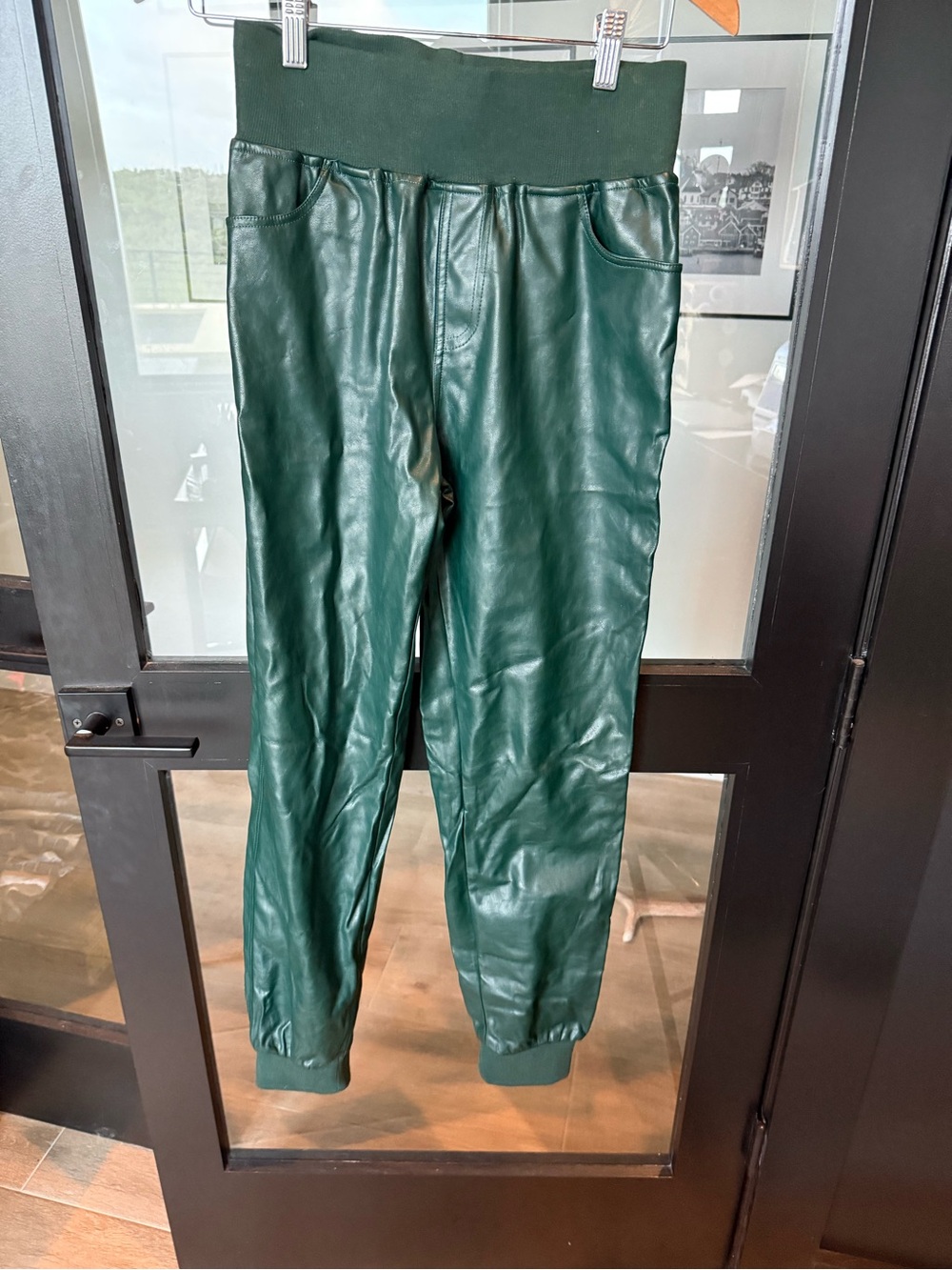 Kendall & Kylie Men's Faux Leather Joggers in Dark Green
